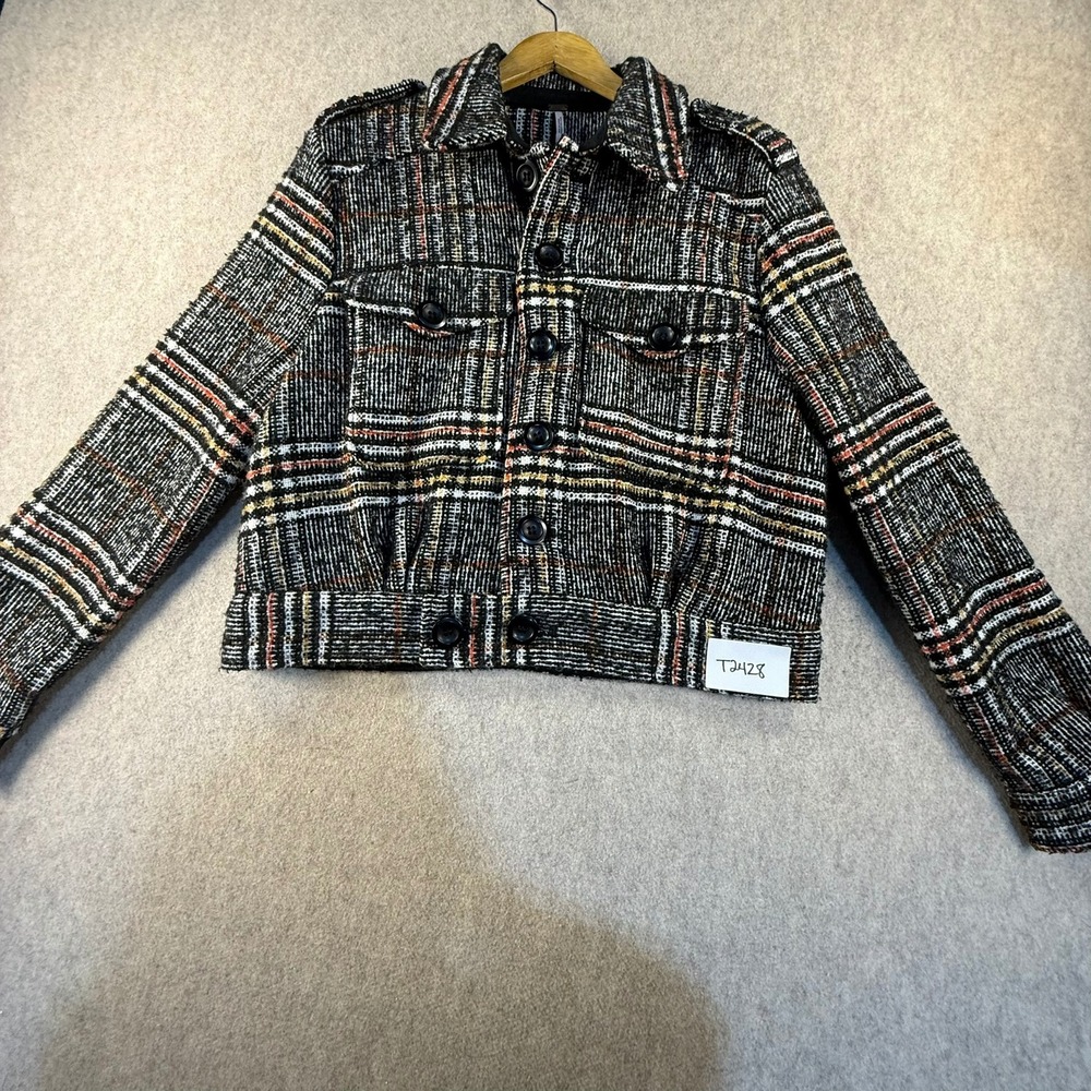 Free People Plaid Tweed Cropped Trucker Jacket Black Orange Small
